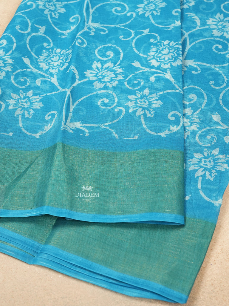 Sky Blue Saree in Linen Cotton with Floral