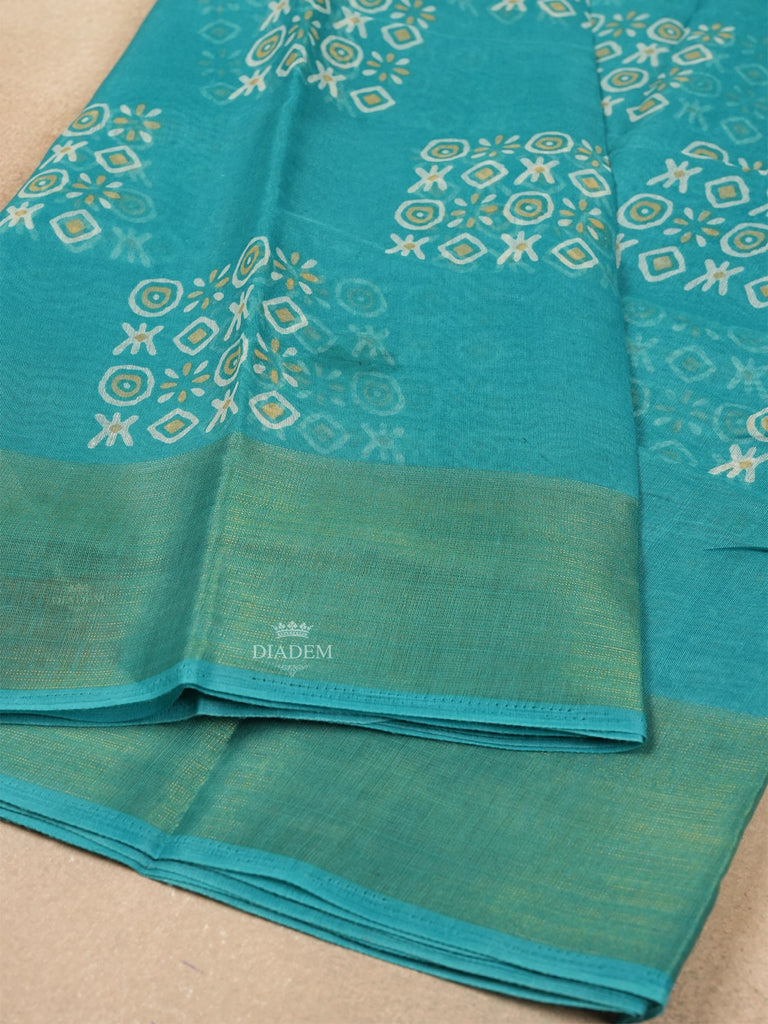 Sky Blue Saree in Linen Cotton with Geometric