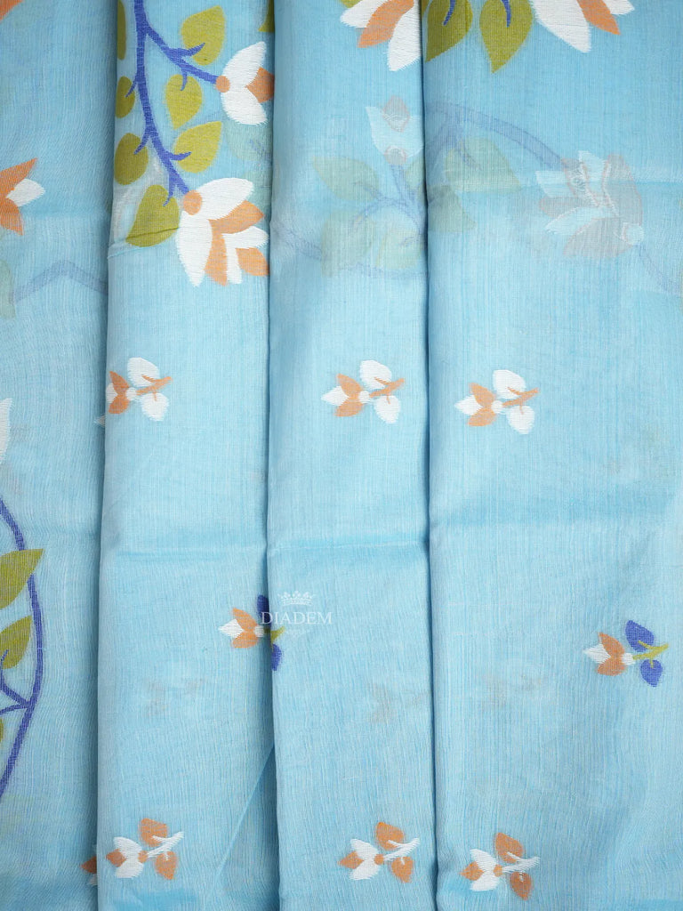 Sky Blue Saree Linen Cotton Floral