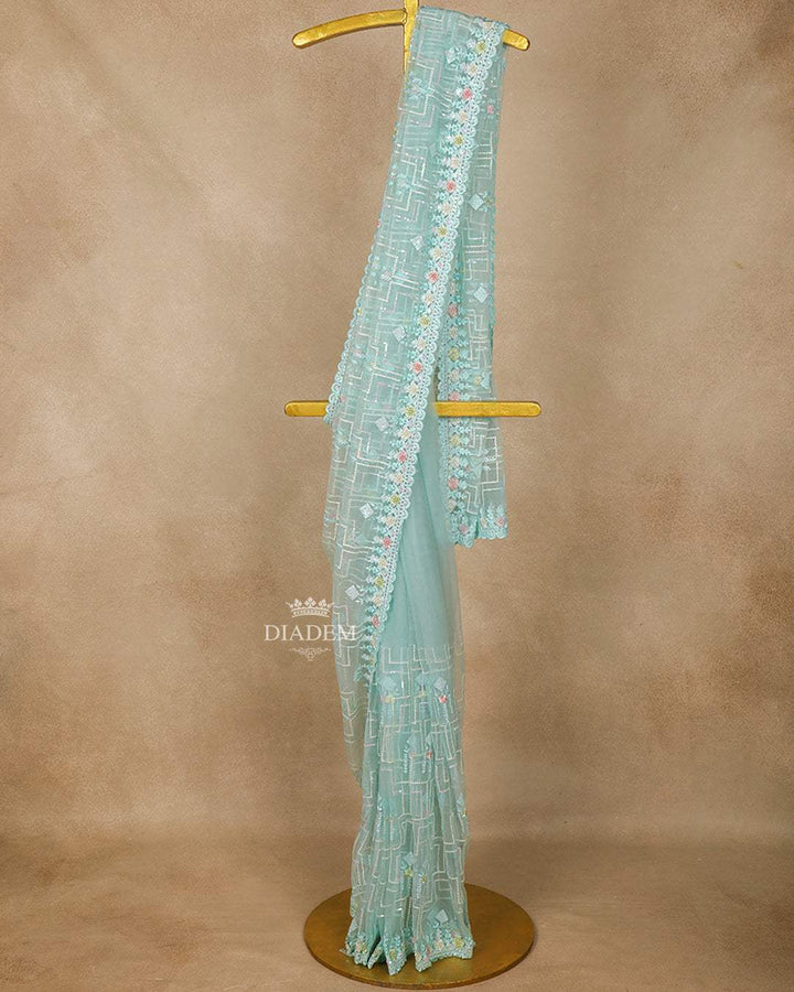 Sky Blue Sequin Embroidery Designed Net Saree - Diadem