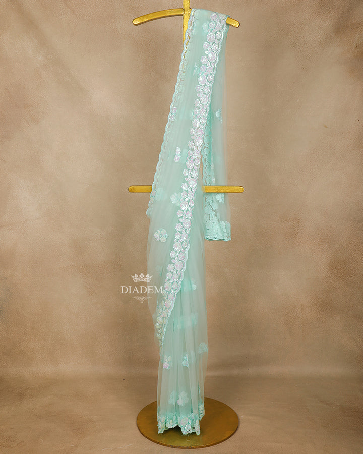 Sky Blue Sequin Embroidery Designed Net Saree - Diadem