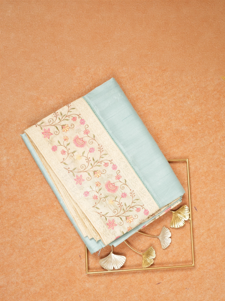 Sky Blue Tussar Silk Saree with Contrast Flower Design Border