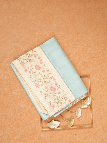 Sky Blue Tussar Silk Saree with Contrast Flower Design Border and solid Body - Diadem