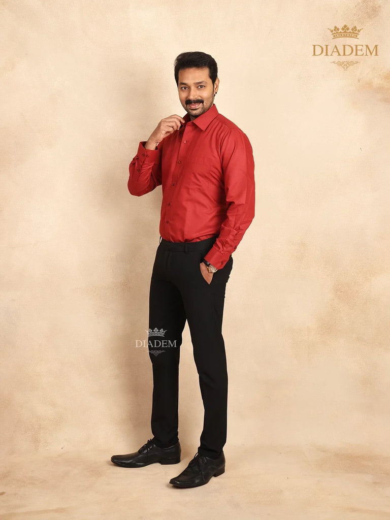 Red Solid Cotton Shirt Full Sleeves