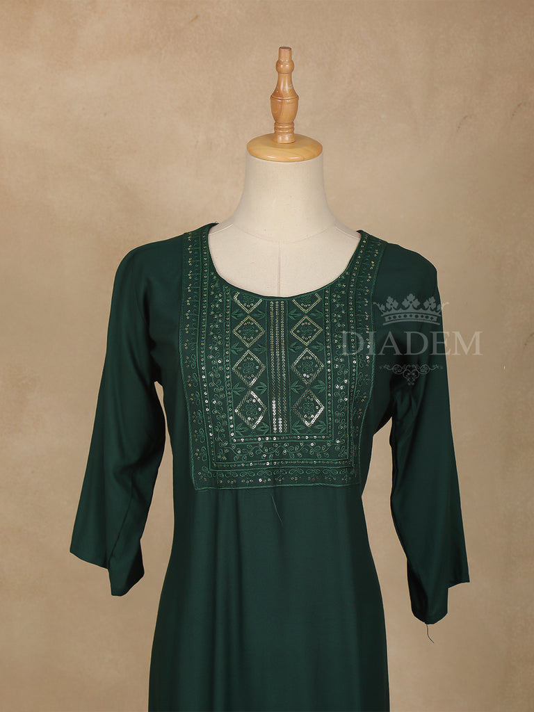 Solid Cotton Kurti U-Neck Dark Green