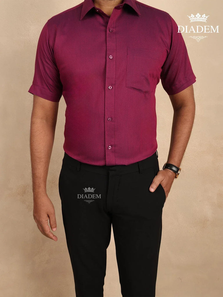 Solid Half Sleeve Cotton Shirt in Burgundy