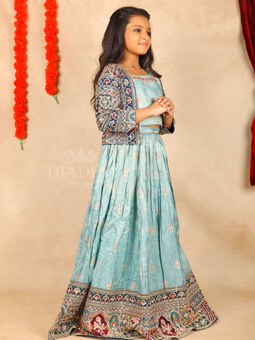 Square Neck Aqua Blue Floral Lehenga