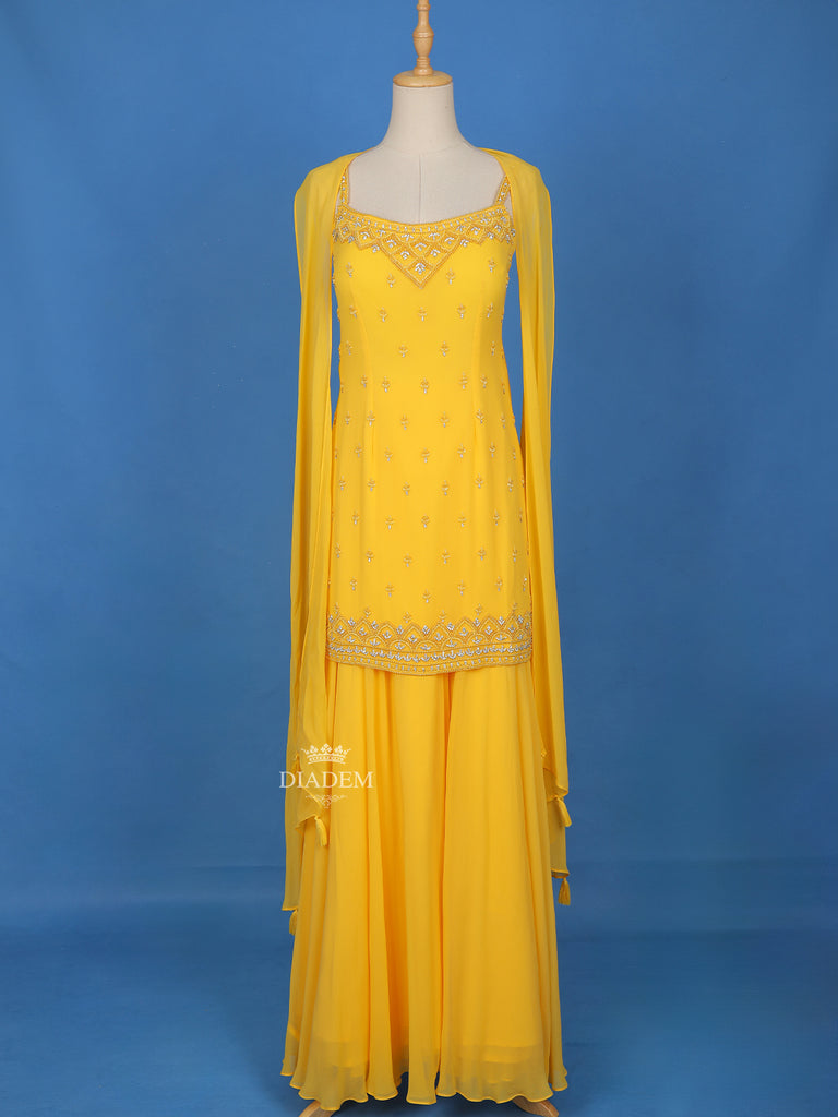 Square Neck Yellow Floral Embroidered Georgette