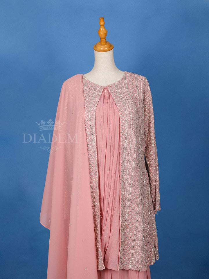 Pink Stone Work Palazzo Salwar Suit, Overcoat - Diadem