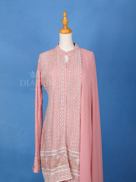 Pink Stone Work Palazzo Salwar Suit, Overcoat - Diadem