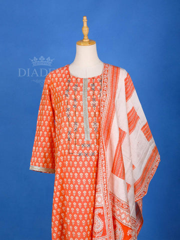 Orange Straight Cut Salwar Suit for Women Adorned with Floral Prints, With Dupatta and U-Neck - Diadem