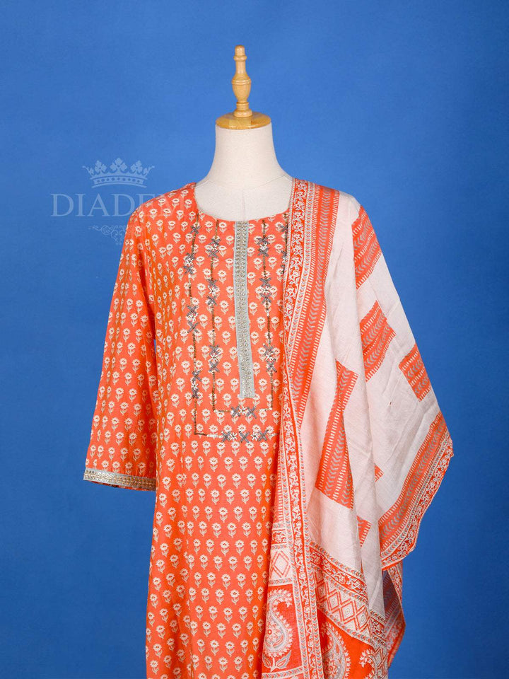 Orange Straight Cut Salwar Suit for Women Adorned with Floral Prints, With Dupatta and U-Neck - Diadem