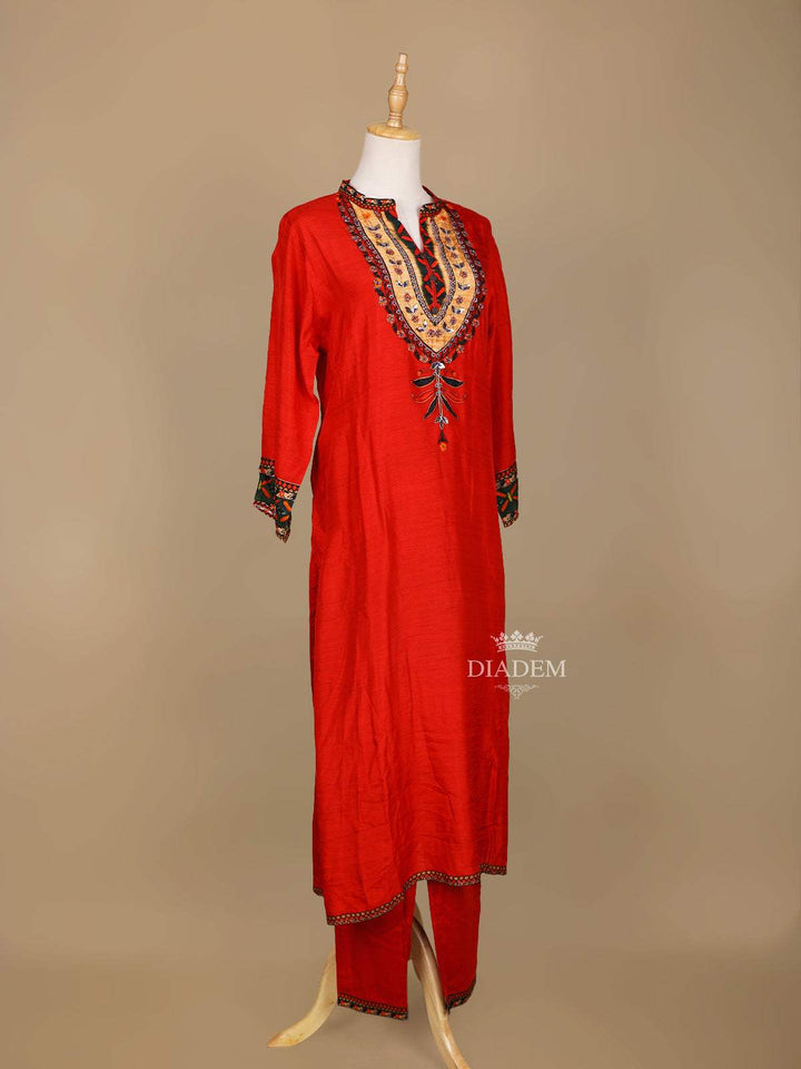 Red Raw Silk Straight Cut Salwar Suit for Women Adorned with Floral Embroidery Designs, with Closed Collar and 3/4 sleeves - Diadem