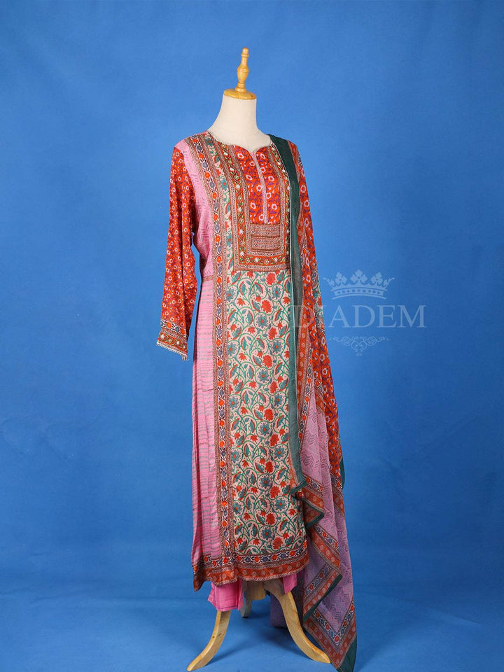 Pink Crepe Straight Cut Salwar Suit for Women Adorned with Floral Prints, with 3/4 Sleeve and Dupatta - Diadem