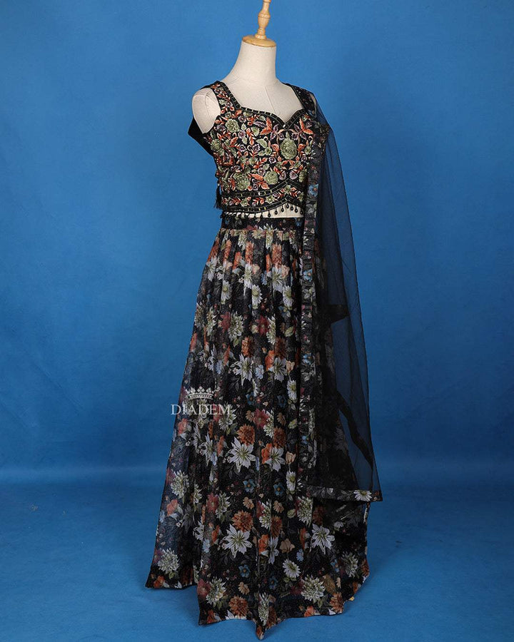 Black Floral Embroidered Organza Lehenga - Diadem