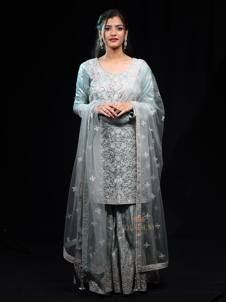 Teal Blue Floral Embroidered Net Sharara