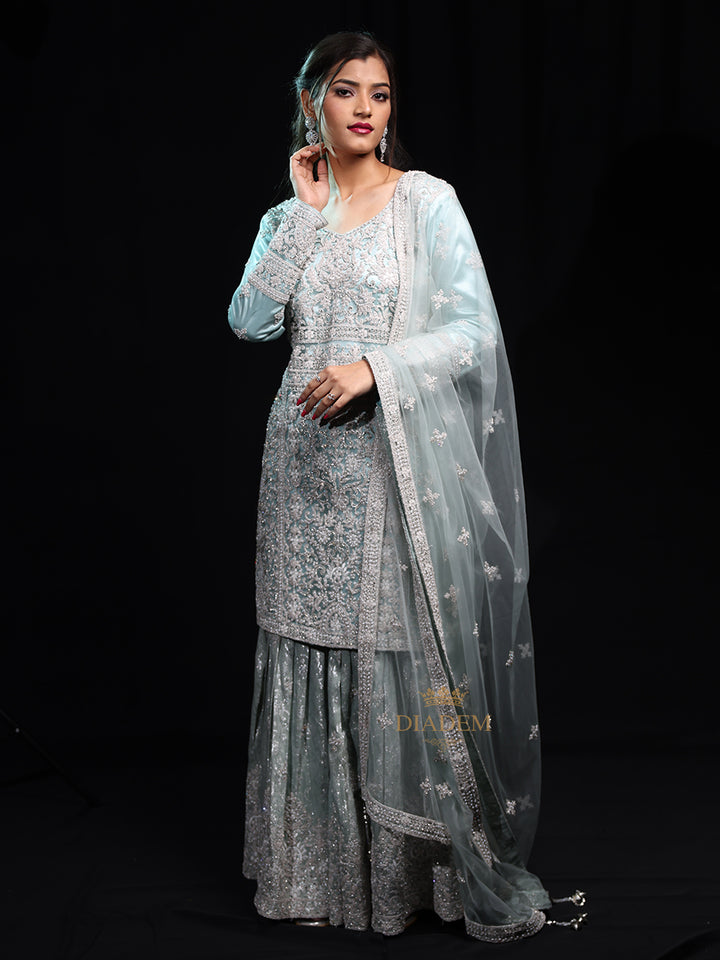 Party Wear Sharara Suit in Teal Blue with Floral