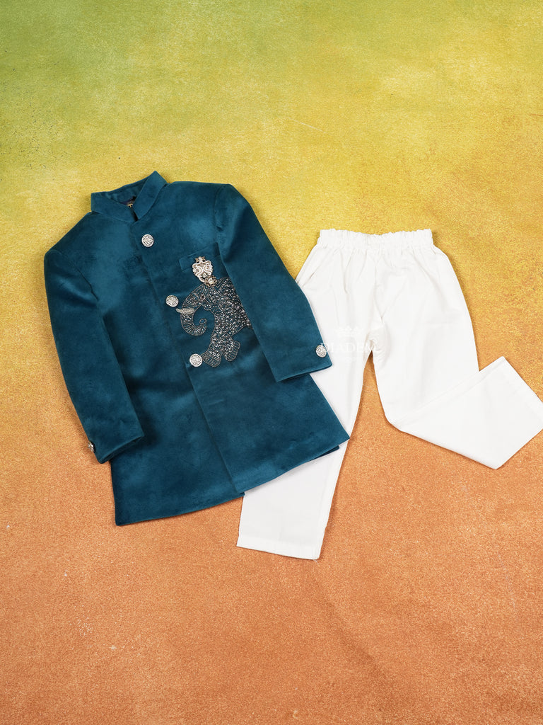 Teal Blue Velvet Sherwani and Pant Set