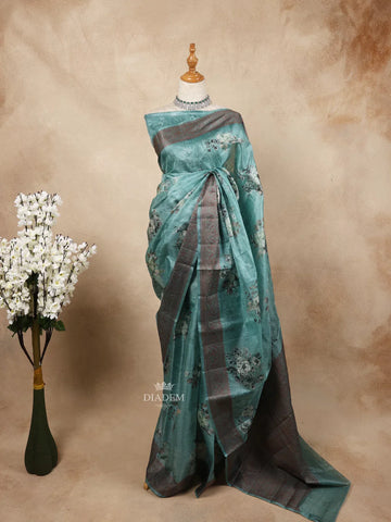 Teal Tussar Silk Saree with Floral Prints