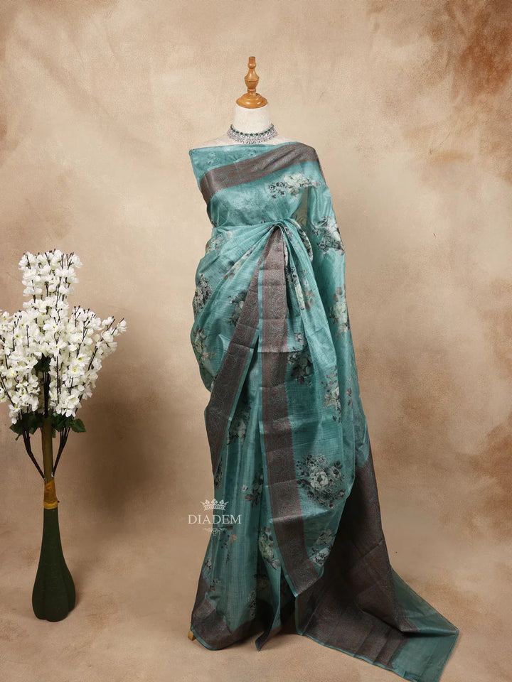 Teal Tussar Silk Saree with Floral Prints