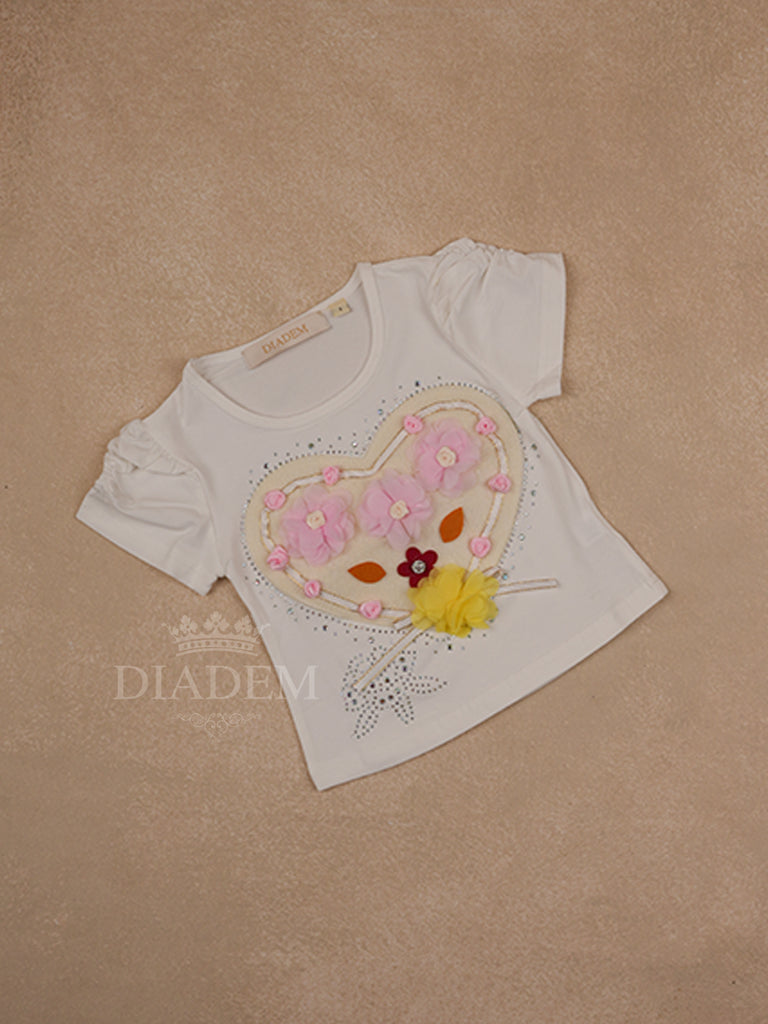 White Cotton Half Sleeve T-Shirt with 3D Floral and Heart Patch Designs for Girls