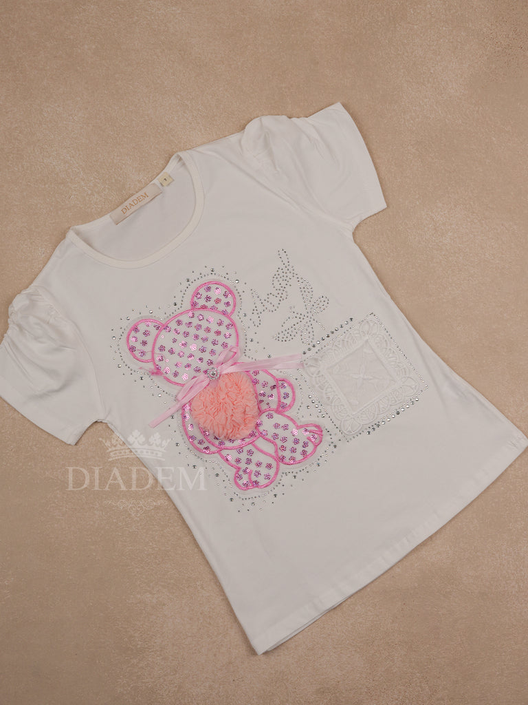 White Cotton Half Sleeve T-Shirt with Teddy and Sequins Designs for Girls