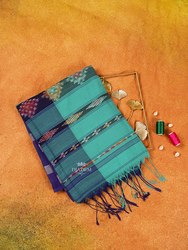 Turquoise Blue Cotton Saree with Geometric Ikat Designs