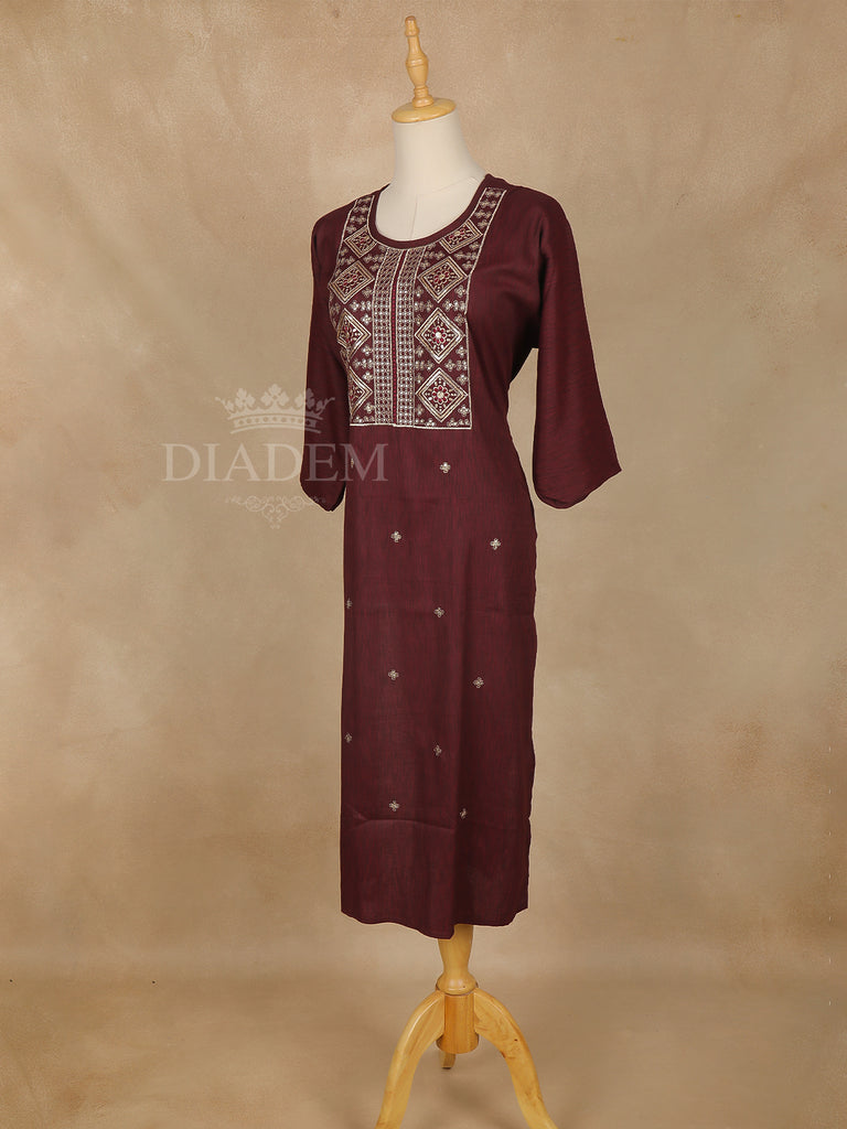 U-Neck Dark Red Cotton Kurti