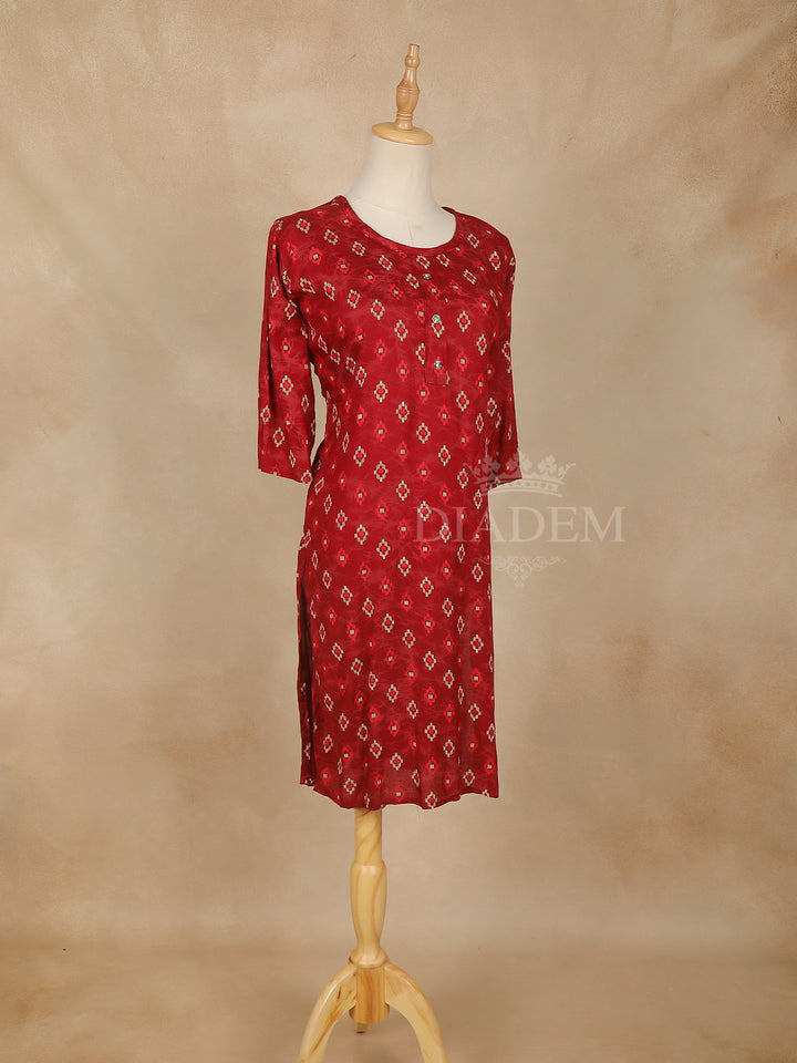 U-Neck Dark Red Printed Designs Cotton