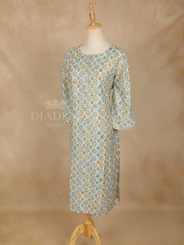 U-Neck Grey Cotton Kurti with Diamond