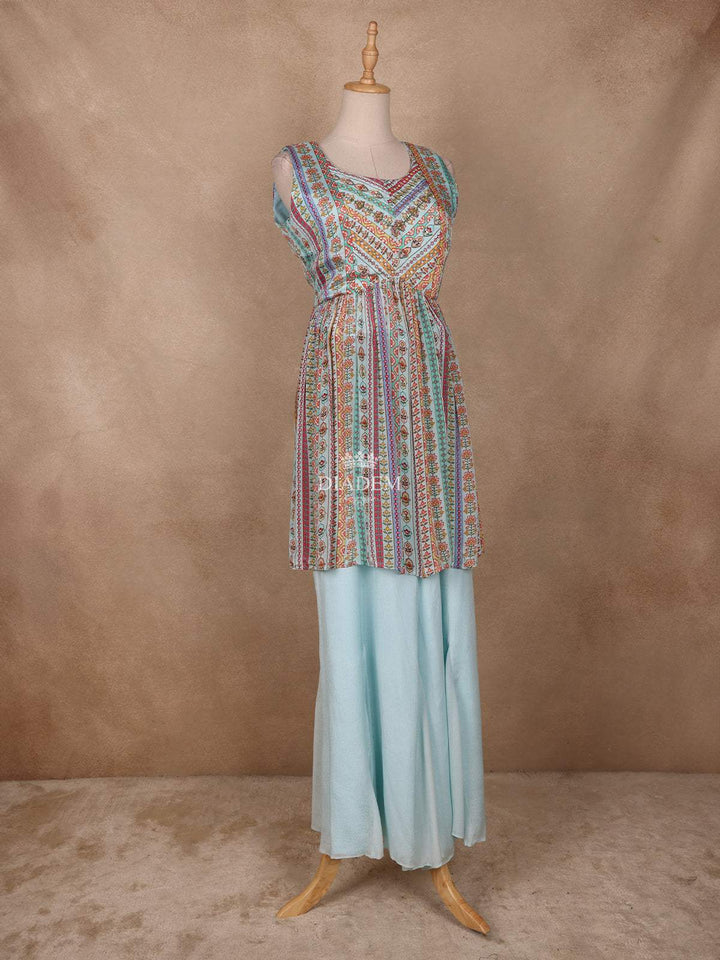 Light Blue Floral Printed Crepe Palazzo Suit - Diadem