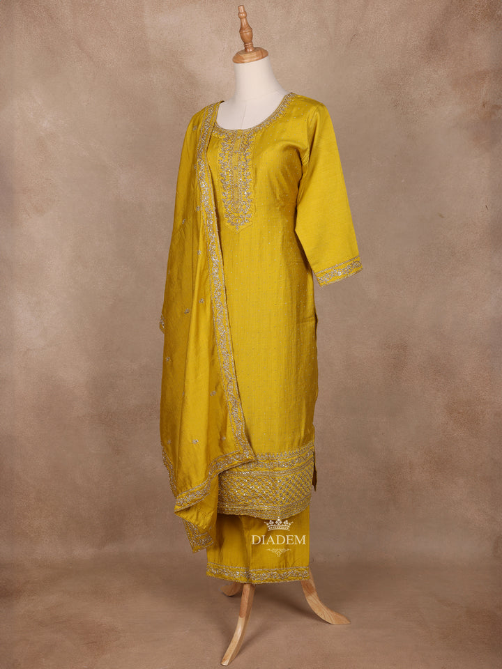 U-Neck Mustard Yellow Semi Silk Embroidery