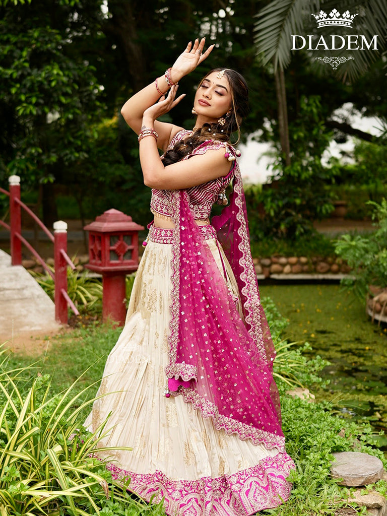 U-Neck Pink Floral Silk Lehenga