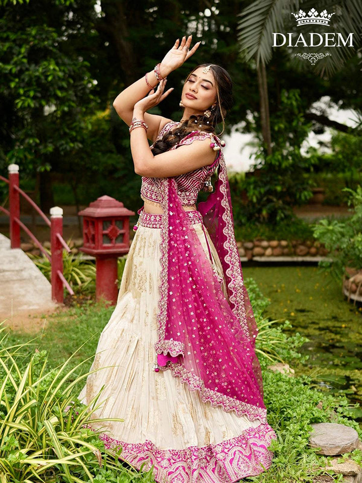 Pink Silk Floral Designed Sangeet Lehenga - Diadem