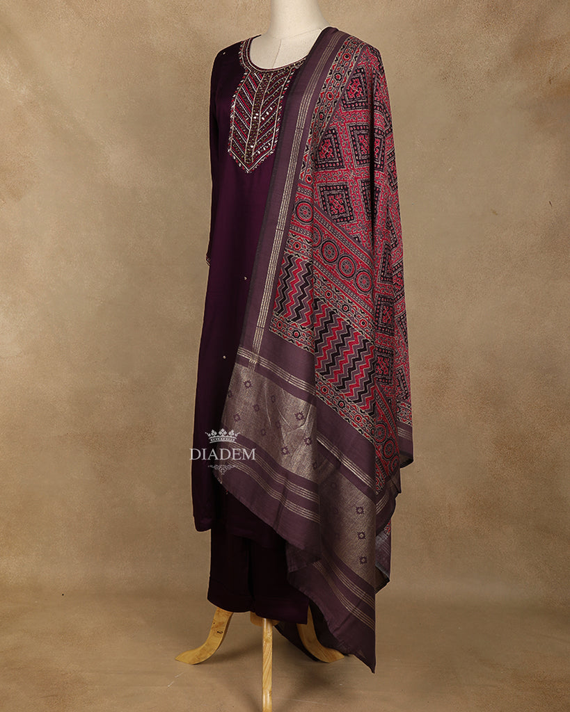 U-Neck Straight Cut Salwar Suit Wine