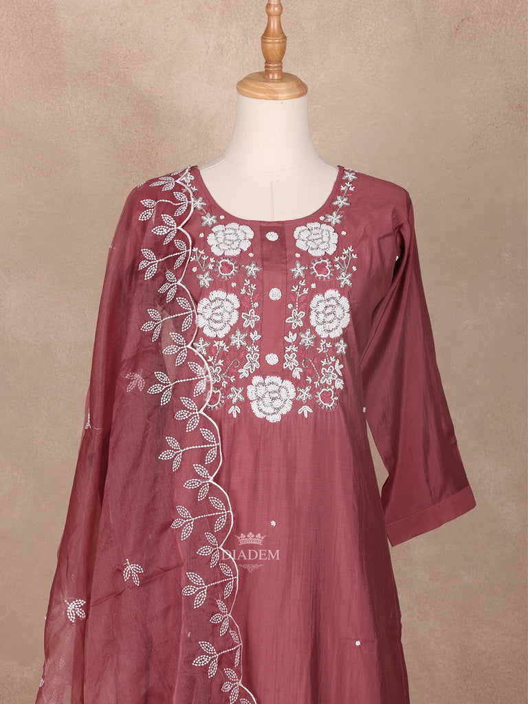 U-Neck Woodrose Pink Semi Silk Floral