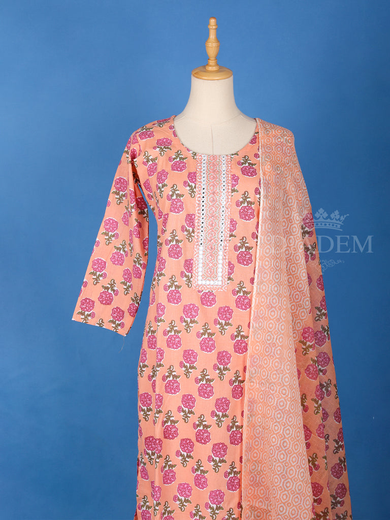 U-Neckline Peach Floral Cotton Salwar