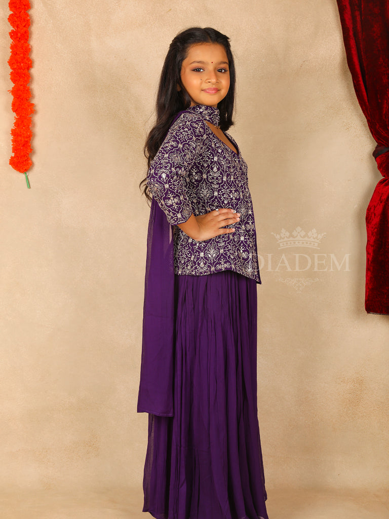 V-Neck Dark Purple Georgette Palazzo Suit