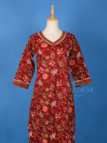 V-Neckline Dark Red Floral Cotton Salwar