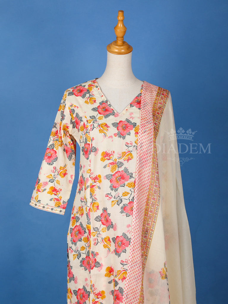 V-Neckline Ivory Floral Cotton Salwar