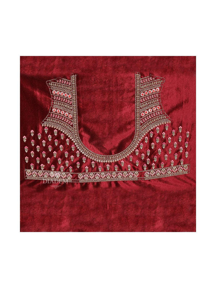 Red Velvet Semi Stitched Designer Bridal Lehenga Adorned with Floral Embroidery - Diadem