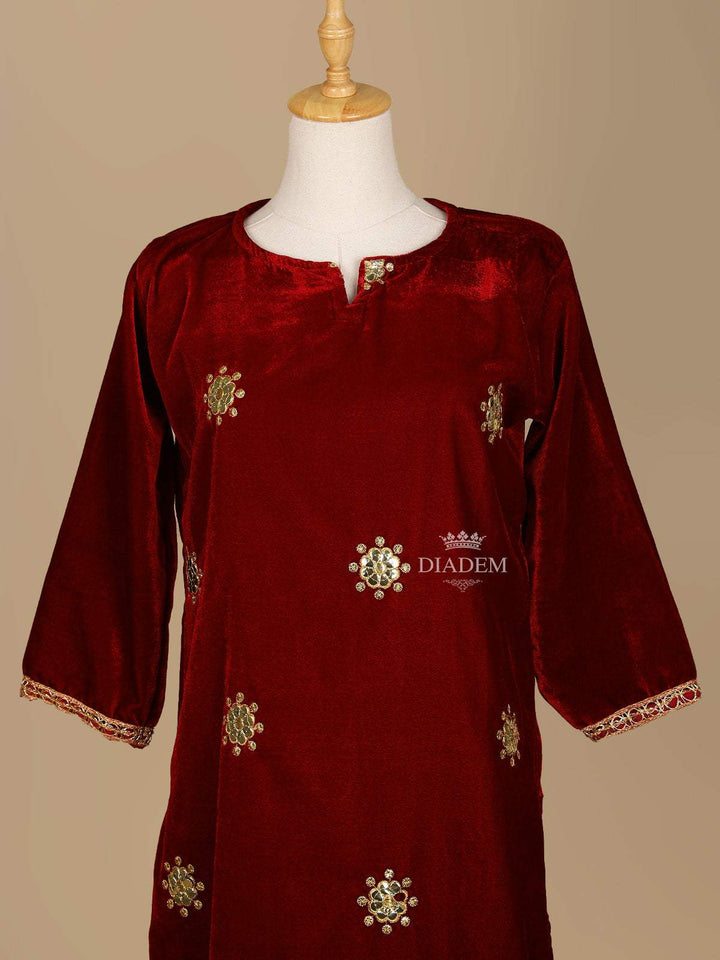 Dark Red Velvet Straight Cut Salwar Suit Adorned with Floral Embroidery, With 3/4 Sleeves and Notch Neck - Diadem