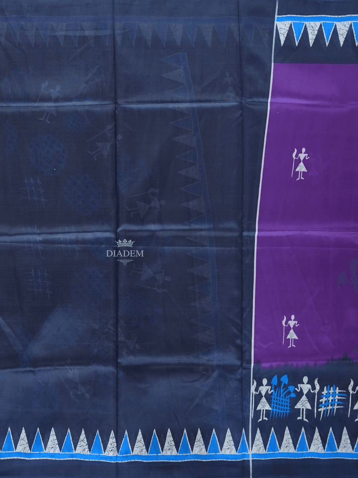 Violet Poly Cotton Saree With Warli Patterns on the Body with Contrast Border - Diadem