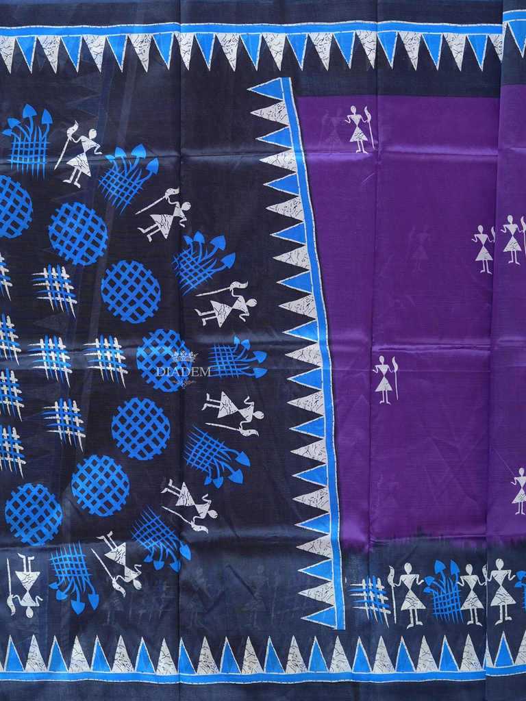 Violet Poly Cotton Saree With Warli Patterns on the Body with Contrast Border