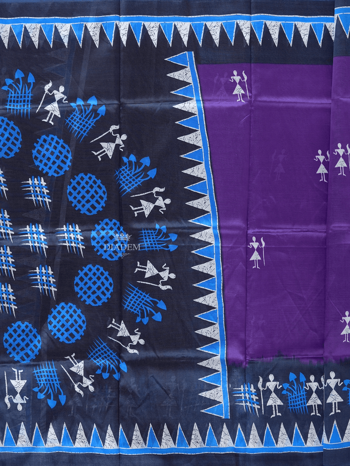 Violet Poly Cotton Saree With Warli Patterns on the Body with Contrast Border - Diadem