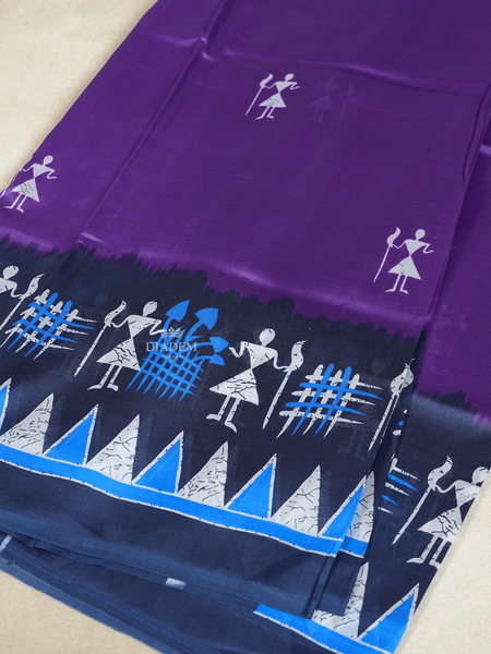 Violet Poly Cotton Saree With Warli Patterns on the Body with Contrast Border - Diadem