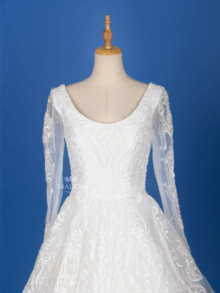 White Net Floral lace Wedding Gown - Diadem