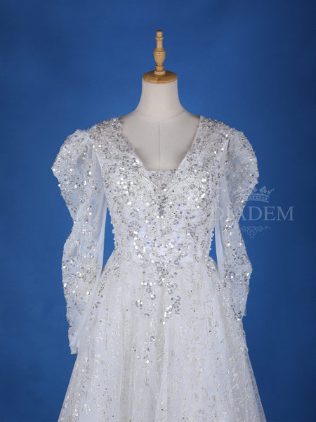 White Net Floral Embroidery Wedding Gown - Diadem