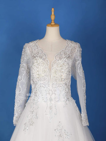 White Net Floral Embroidery Designed Wedding Gown - Diadem