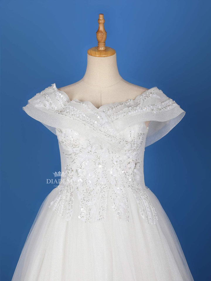 White Net Sequin Embroidery Designed Wedding Gown - Diadem